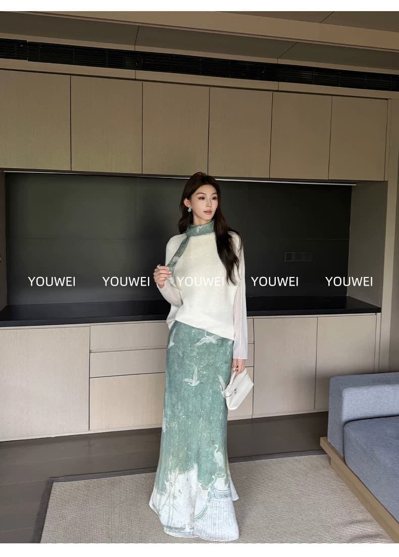 있음 후안 youwe 녹색 구슬 루이 크레인 화이트 니트 스웨터 맨위 여자 2026 새로운 반신 치마 세트 가을 상세 이미지 22