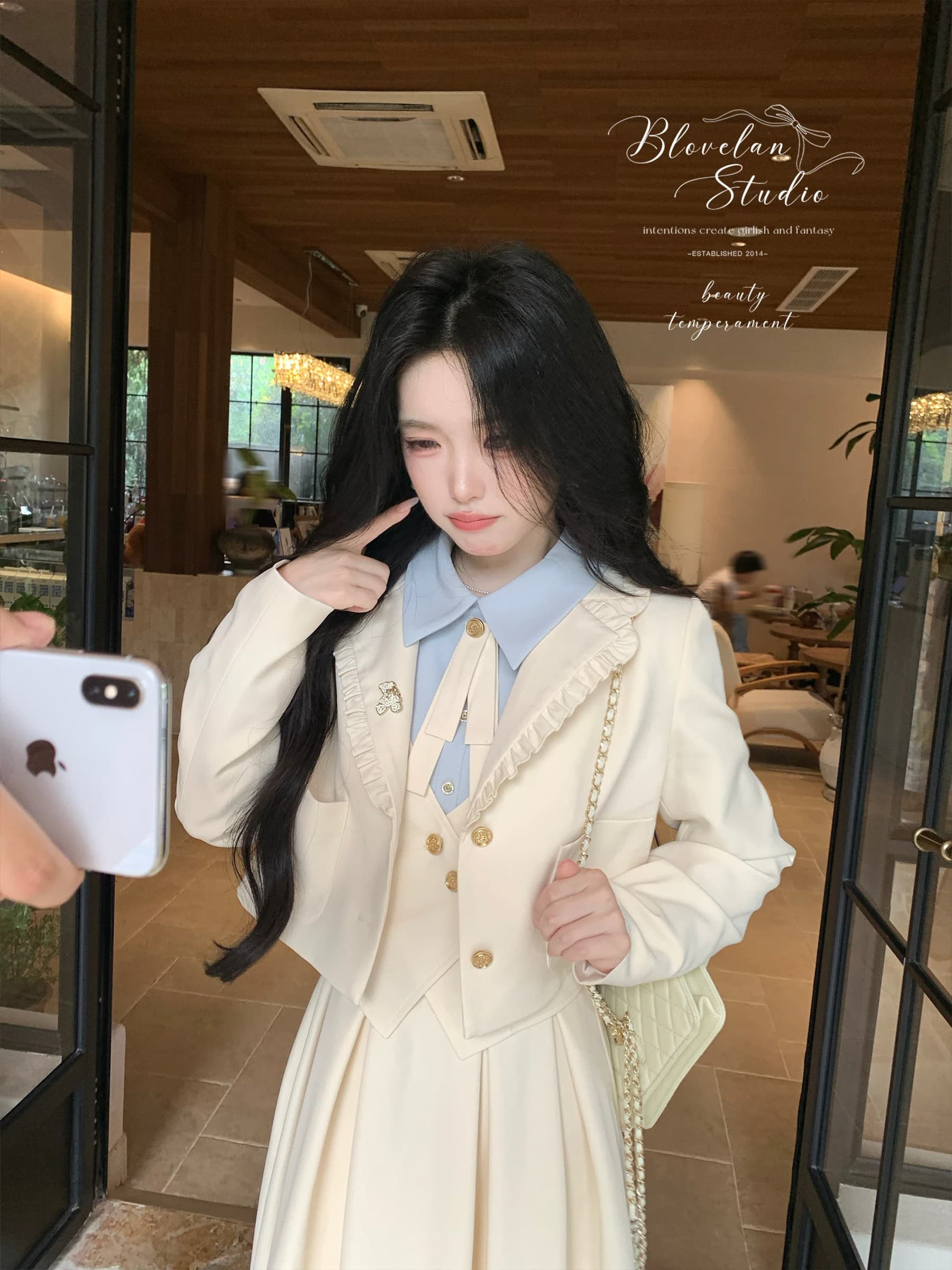 blovelan 소피아 일기 프릴 정장 짧은 외투 레트로 학원 페이크 레이어드 점프 슈트 치마 세트 이미지 3
