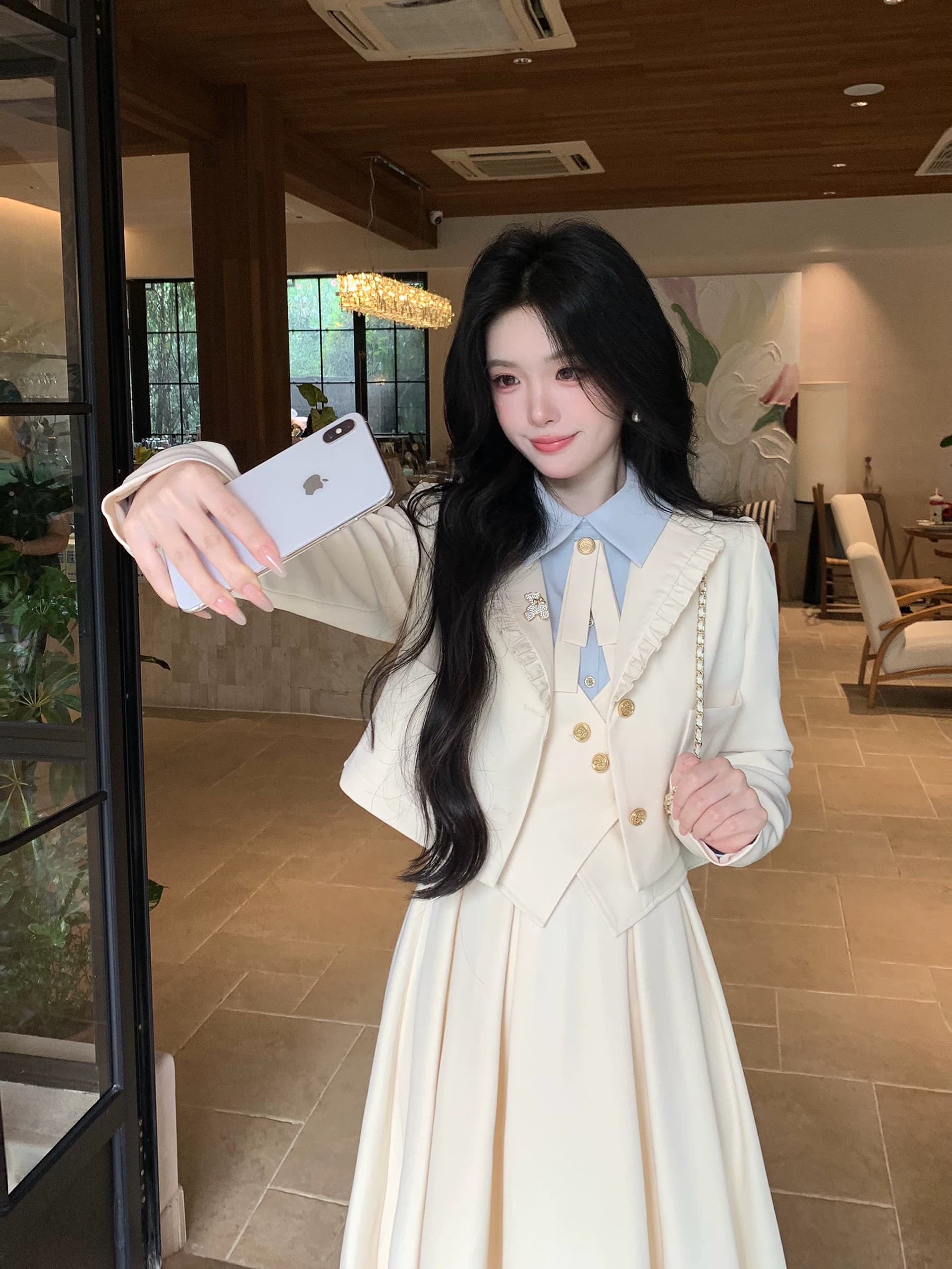 blovelan 소피아 일기 프릴 정장 짧은 외투 레트로 학원 페이크 레이어드 점프 슈트 치마 세트 상세 이미지 19