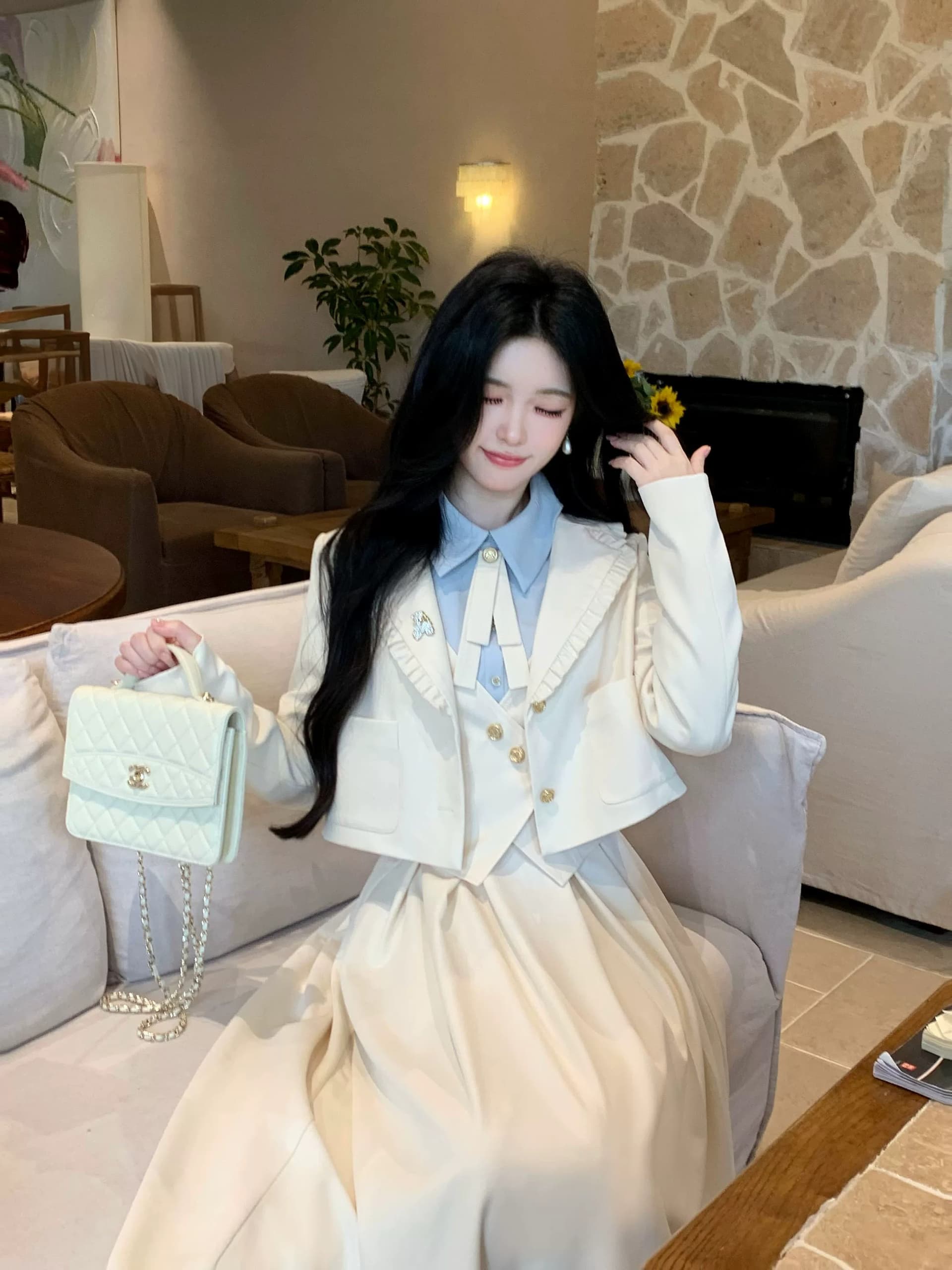 blovelan 소피아 일기 프릴 정장 짧은 외투 레트로 학원 페이크 레이어드 점프 슈트 치마 세트 상세 이미지 21