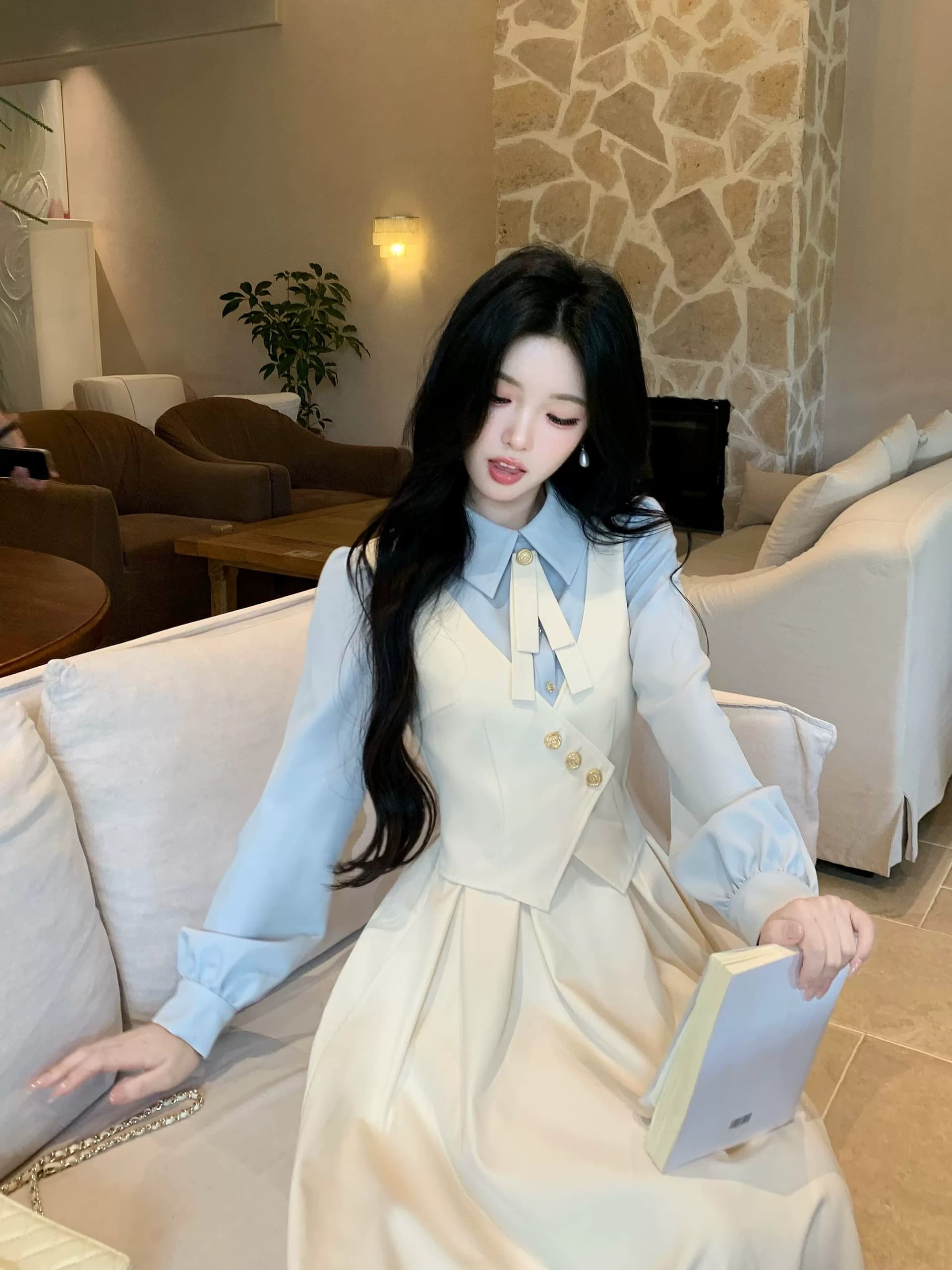 blovelan 소피아 일기 프릴 정장 짧은 외투 레트로 학원 페이크 레이어드 점프 슈트 치마 세트 상세 이미지 22