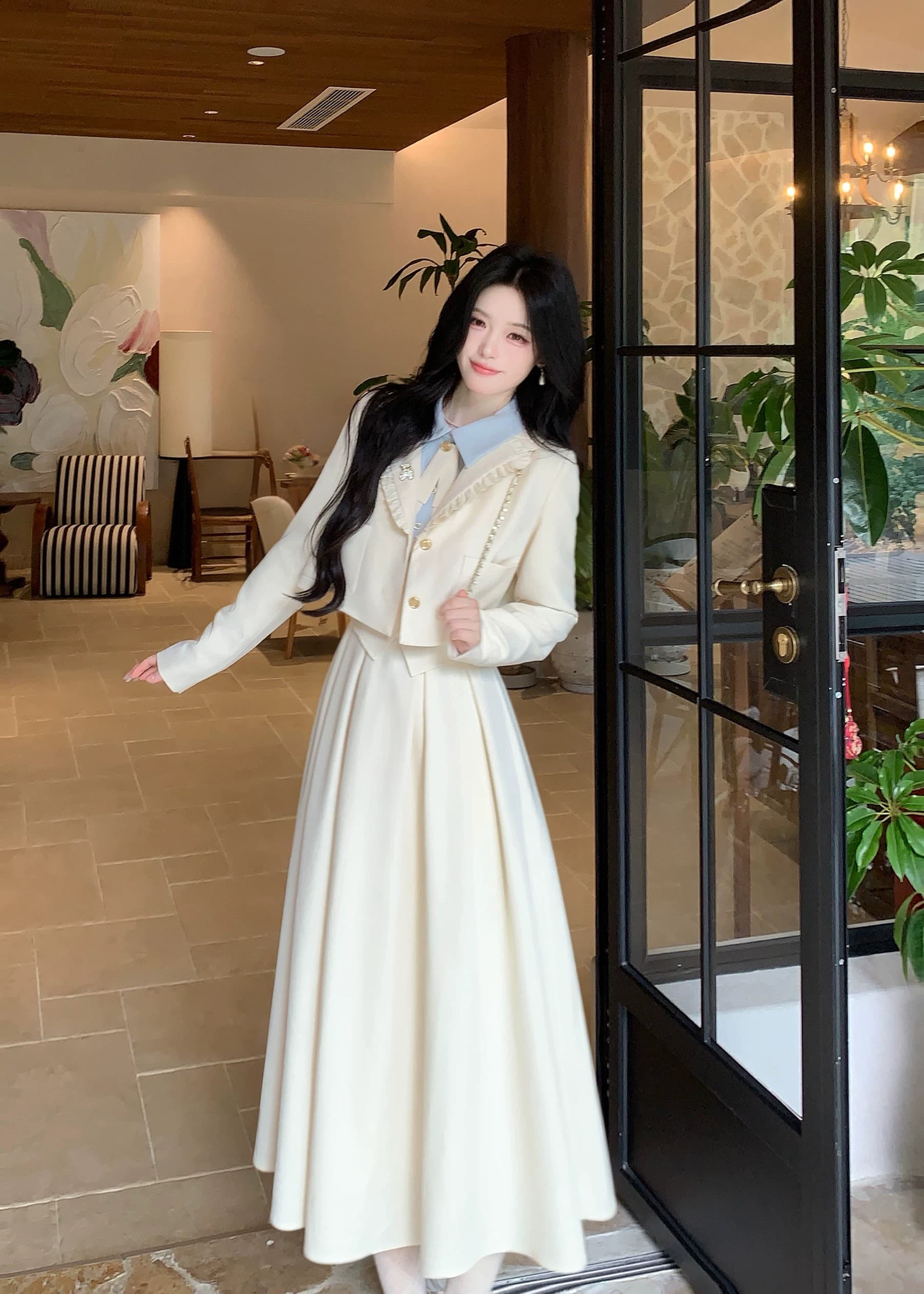 blovelan 소피아 일기 프릴 정장 짧은 외투 레트로 학원 페이크 레이어드 점프 슈트 치마 세트 상세 이미지 24