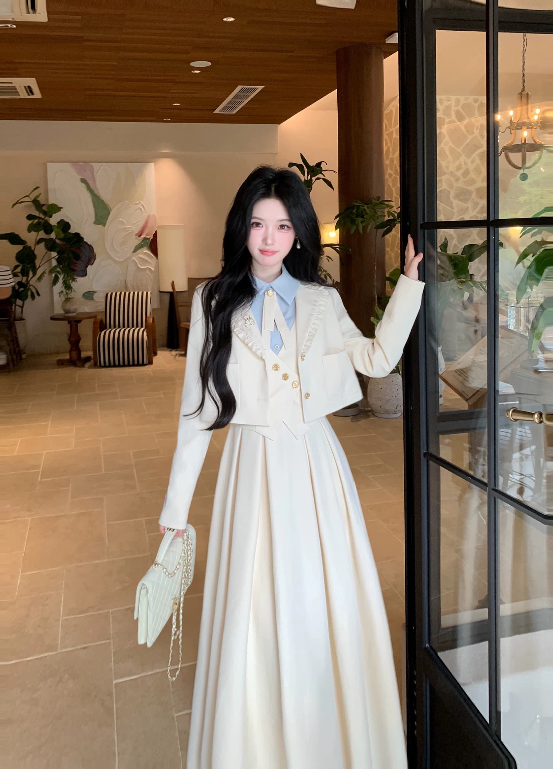blovelan 소피아 일기 프릴 정장 짧은 외투 레트로 학원 페이크 레이어드 점프 슈트 치마 세트 상세 이미지 29