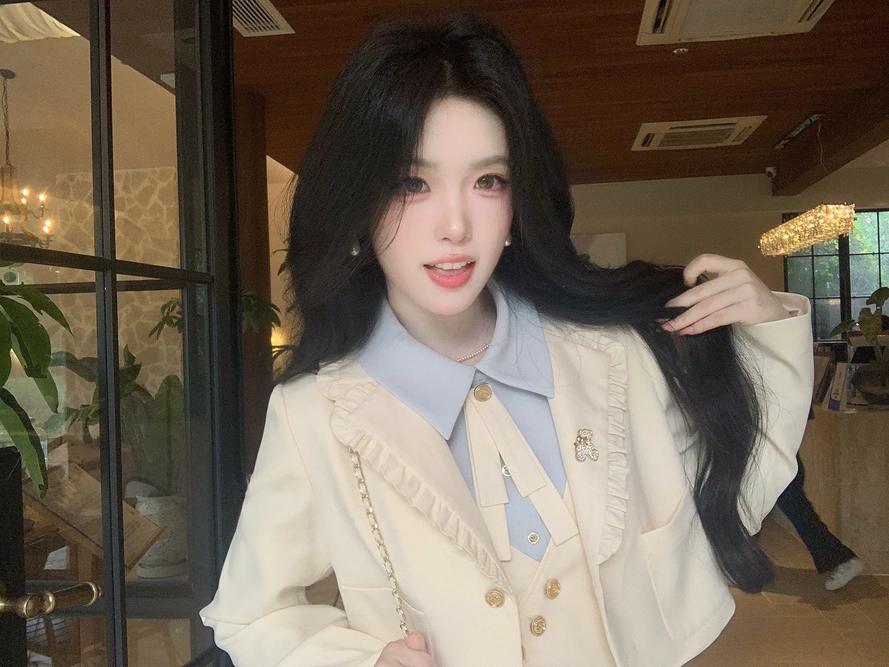 blovelan 소피아 일기 프릴 정장 짧은 외투 레트로 학원 페이크 레이어드 점프 슈트 치마 세트 상세 이미지 31