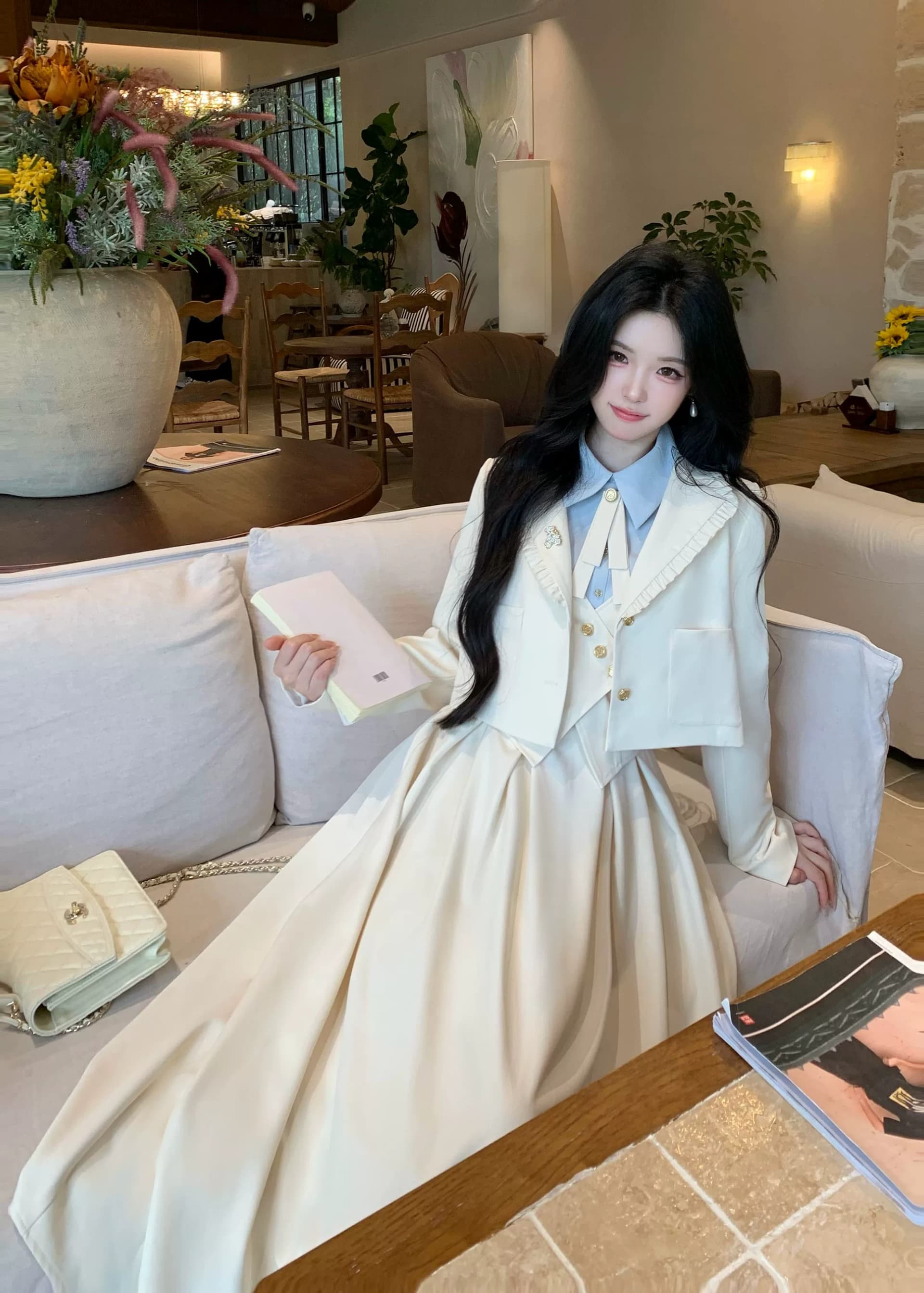 blovelan 소피아 일기 프릴 정장 짧은 외투 레트로 학원 페이크 레이어드 점프 슈트 치마 세트 상세 이미지 33