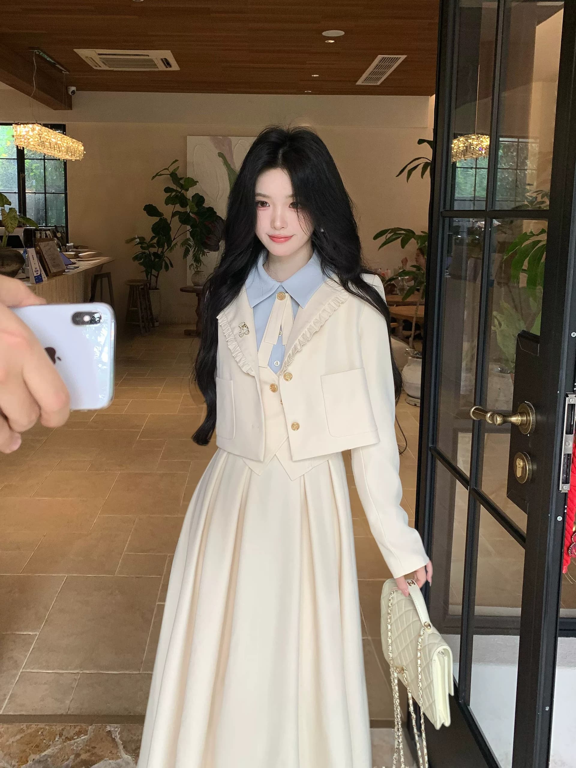 blovelan 소피아 일기 프릴 정장 짧은 외투 레트로 학원 페이크 레이어드 점프 슈트 치마 세트 상세 이미지 35