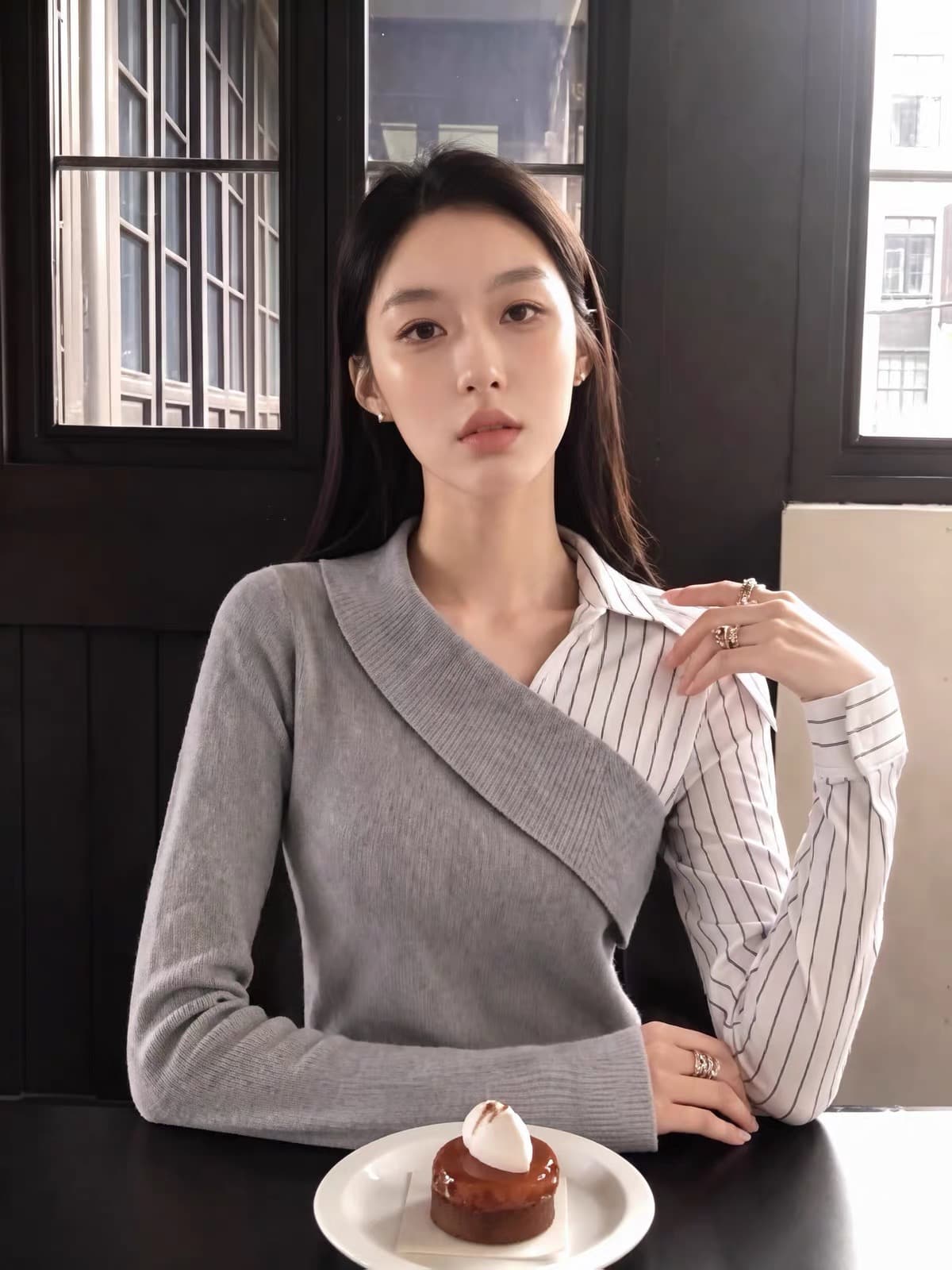 회색 페이크 레이어드 니트 스웨터 조기 가을 의상 여자 2026 새로운 인사이드 가져 가라. 프랑스식 사소한 Chic 분위기 센스 맨위 상세 이미지 1