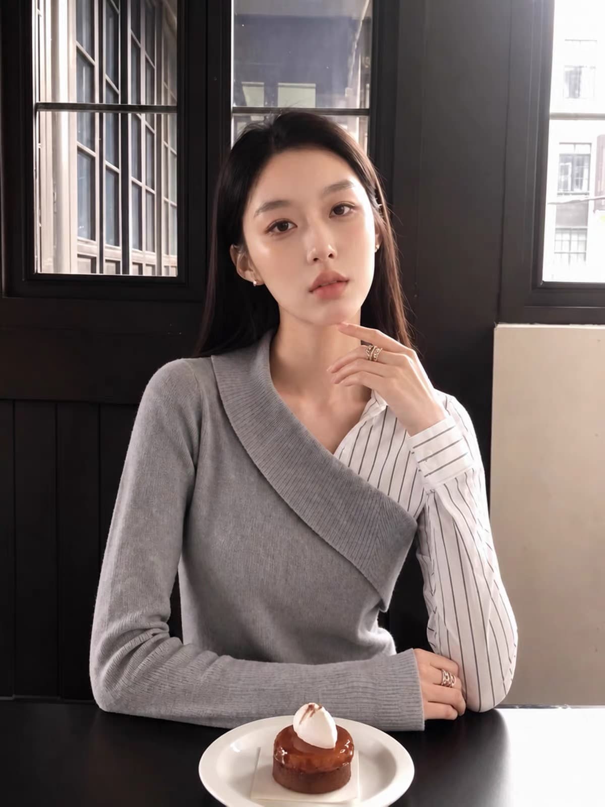 회색 페이크 레이어드 니트 스웨터 조기 가을 의상 여자 2026 새로운 인사이드 가져 가라. 프랑스식 사소한 Chic 분위기 센스 맨위 상세 이미지 4