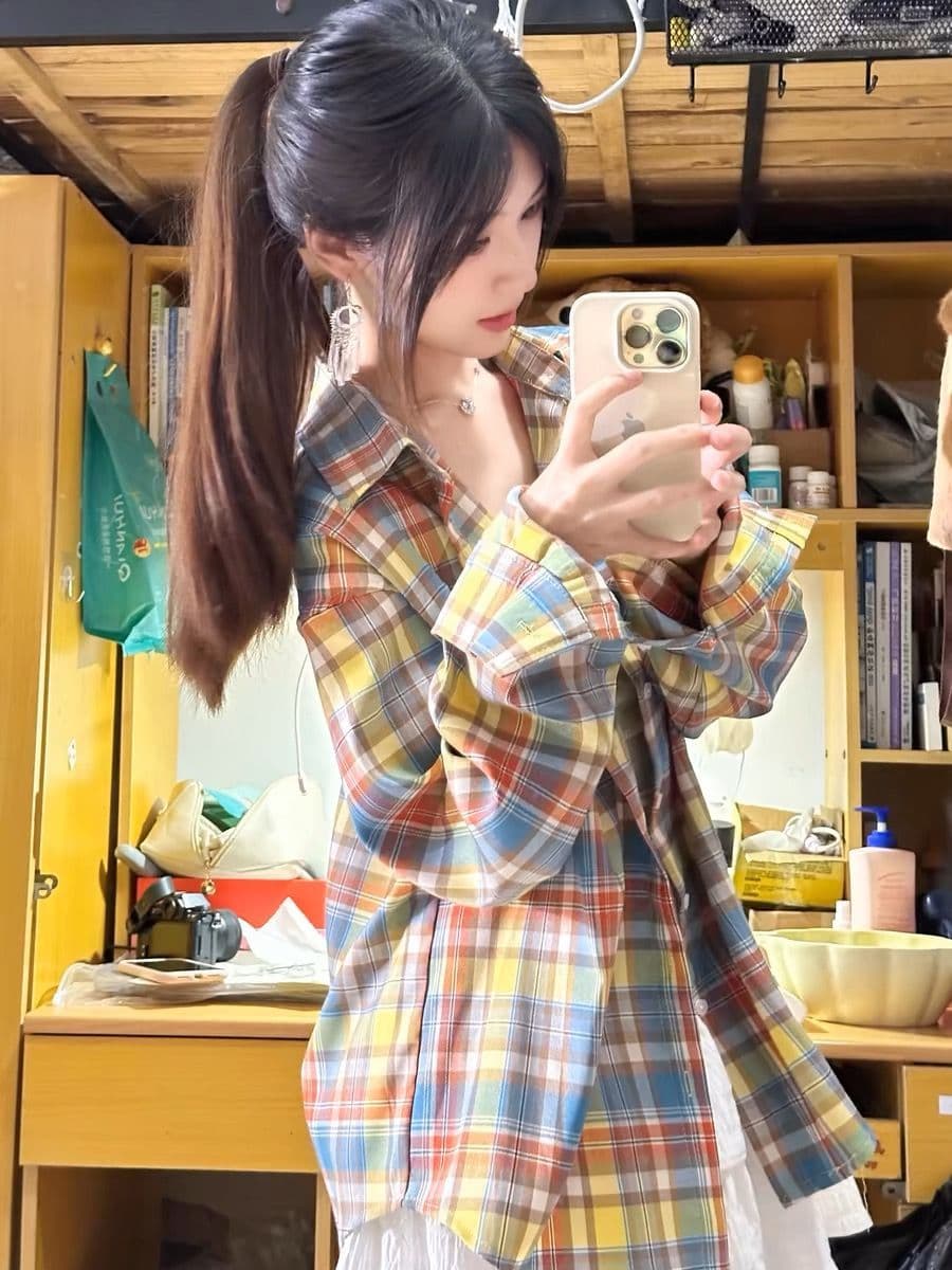 일본식 레트로 도파민 색상 격자 무늬 셔츠 여성 코트 봄 가을 얇은 스타일 느긋한 바람 소년 센스 셔츠 이미지 2