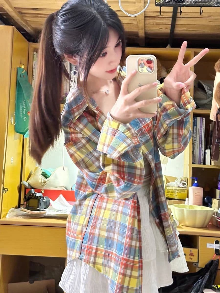 일본식 레트로 도파민 색상 격자 무늬 셔츠 여성 코트 봄 가을 얇은 스타일 느긋한 바람 소년 센스 셔츠 상세 이미지 4