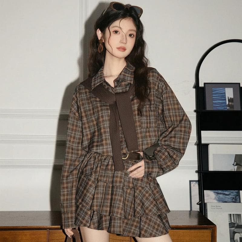 학원 스타일 품격 체크무늬 긴팔 셔츠 드레스 여성 가을 새로운 허리 수축 체크무늬 중간 길이 셔츠