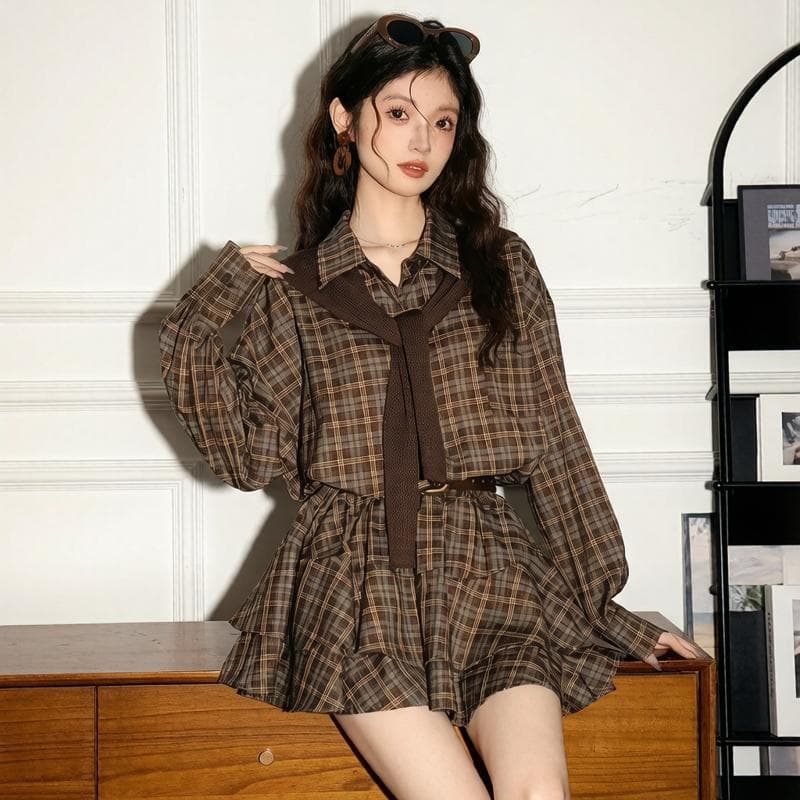 학원 스타일 품격 체크무늬 긴팔 셔츠 드레스 여성 가을 새로운 허리 수축 체크무늬 중간 길이 셔츠 이미지 2