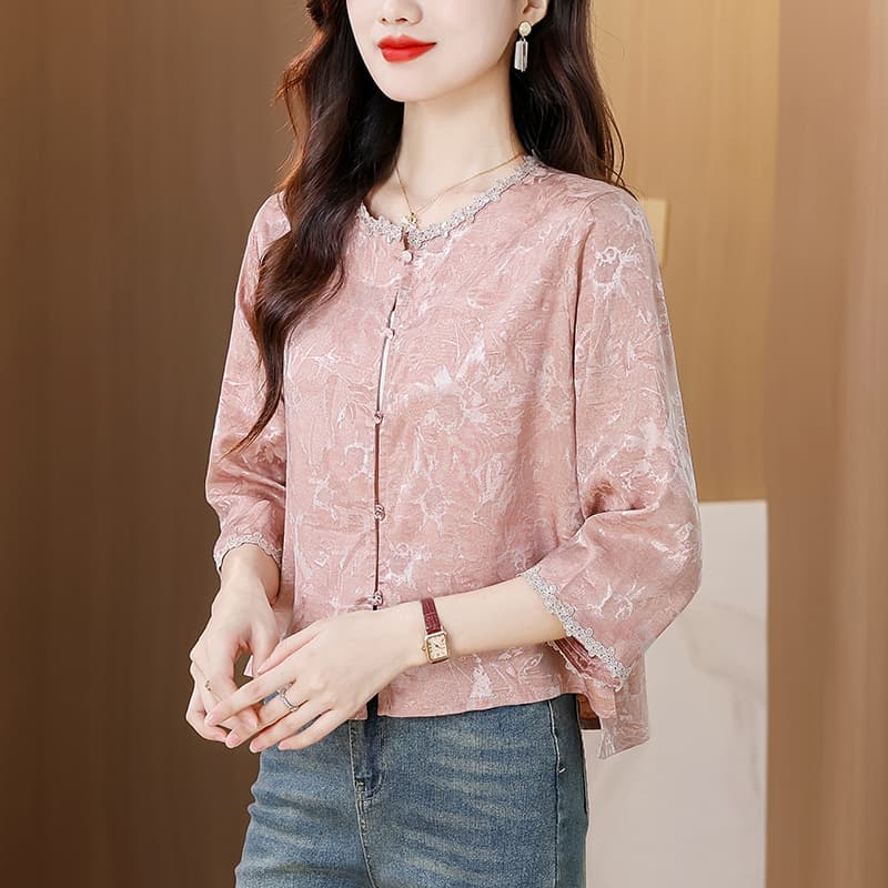2026 새로운 캐주얼 루즈핏 쇼트 스타일 여성 코트 작은 키 품격 라운드 넥 새틴 자카드 디자인 반팔 맨위 이미지 2