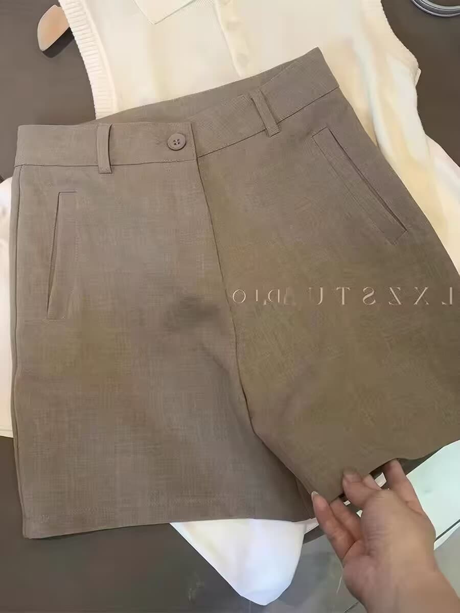 2026 여름 새로운 패션 캐주얼 정장 반바지 여성 하이웨이스트 단색 품격 다용도 한 마디 5 점 와이드 레그 팬츠 이미지 4
