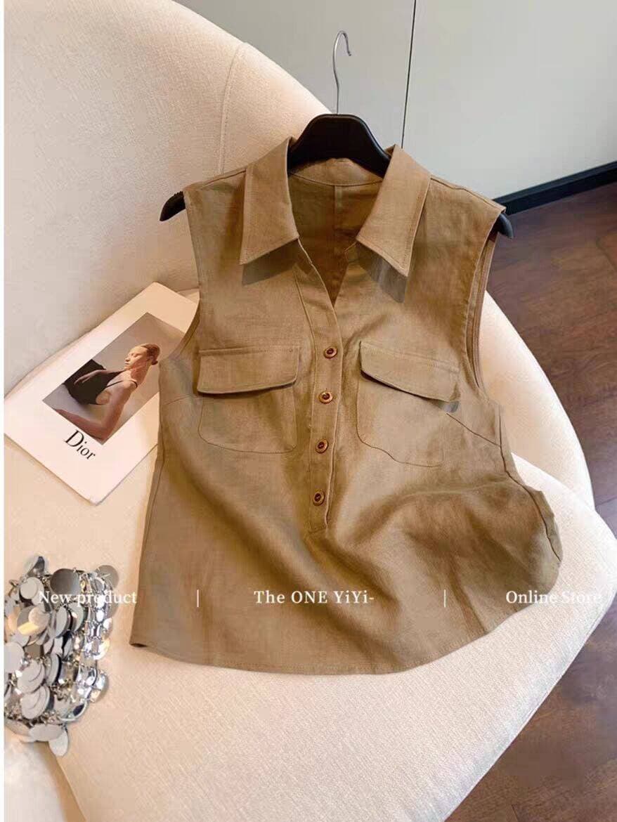커피 색상 POLO 칼라 민소매 오래된 돈 바람 면 린넨 여성 셔츠 여름 2026 새로운 고급 센스 다용도 품격 조끼 맨위