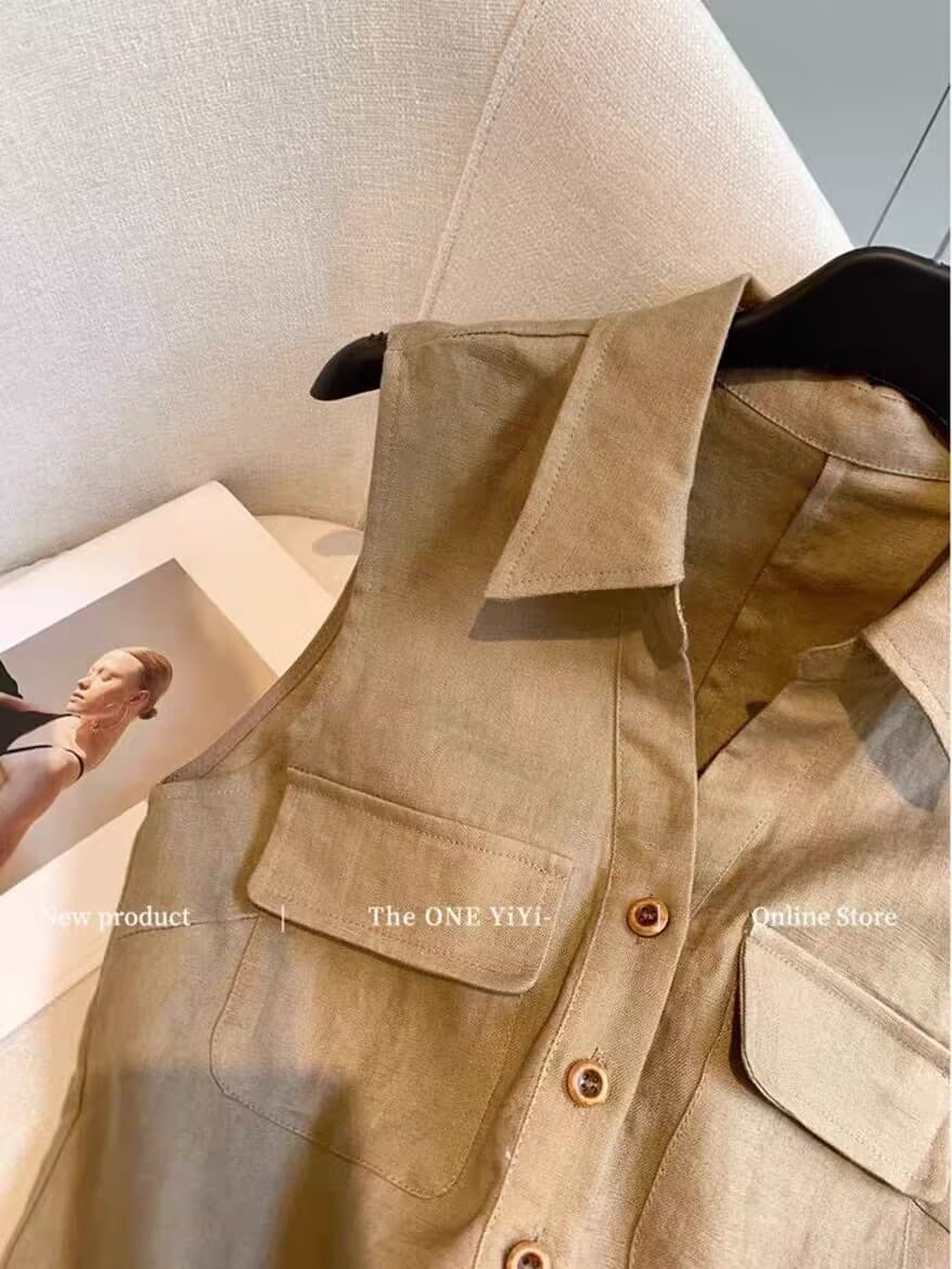 커피 색상 POLO 칼라 민소매 오래된 돈 바람 면 린넨 여성 셔츠 여름 2026 새로운 고급 센스 다용도 품격 조끼 맨위 이미지 4