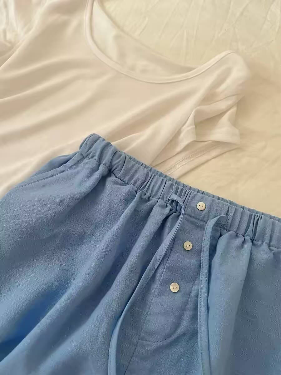 파란색 미니멀리즘 펌프 로프 밴딩 하이웨이스트 루즈핏 넓은 다리 한 마디 캐주얼 반바지 여성 여름 얇은 스타일 슬림해 보이는 다용도 바지 상세 이미지 3