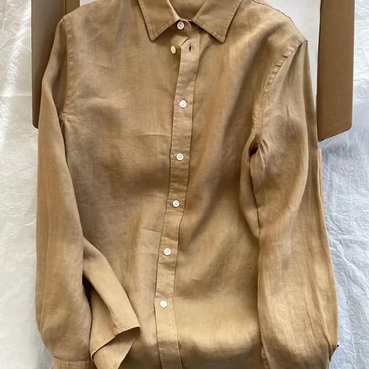 프랑스식 카키 색 라미 셔츠 여성 긴 소매 조기 가을 새로운 루즈핏 고급 센스 면 린넨 맨위 Chic 셔츠 상세 이미지 4