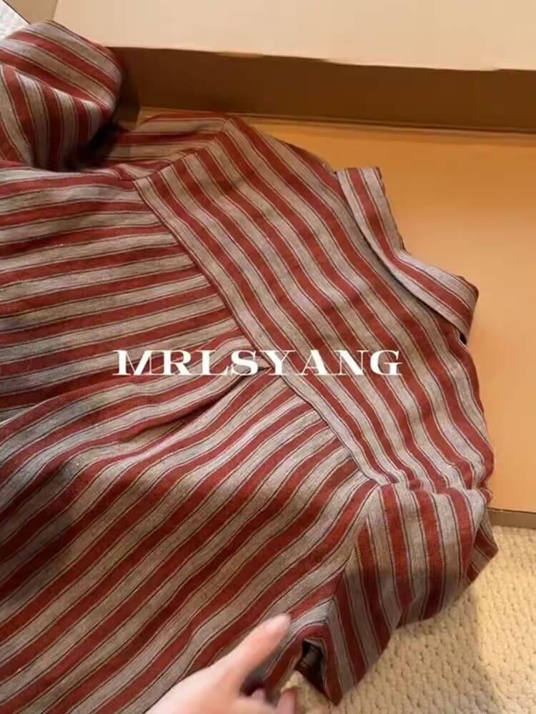 오래된 돈 바람 컬러 짜임 스트라이프 아마 여성 셔츠 2026 가을 새로운 미니멀리즘 느긋한 긴팔 품격 맨위 스택 착용 이미지 2