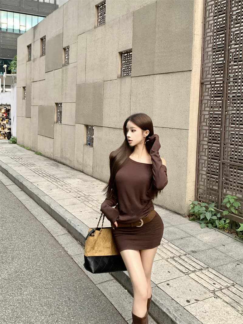 실사 정가 털이 있는 연삭 털 비스듬한 어깨 인사이드 가져 가라. 여성 순수한 욕망 슬림해 보이는 오프숄더 섹시함 타이트 스커트 드레스 상세 이미지 6