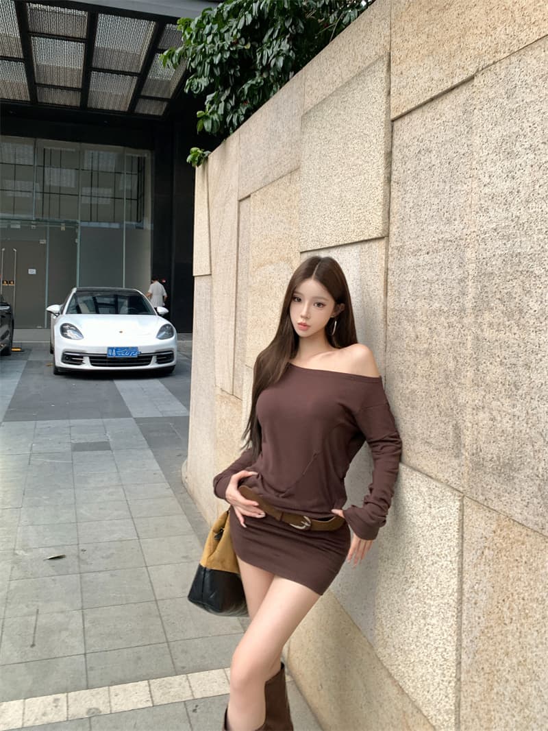 실사 정가 털이 있는 연삭 털 비스듬한 어깨 인사이드 가져 가라. 여성 순수한 욕망 슬림해 보이는 오프숄더 섹시함 타이트 스커트 드레스 상세 이미지 9