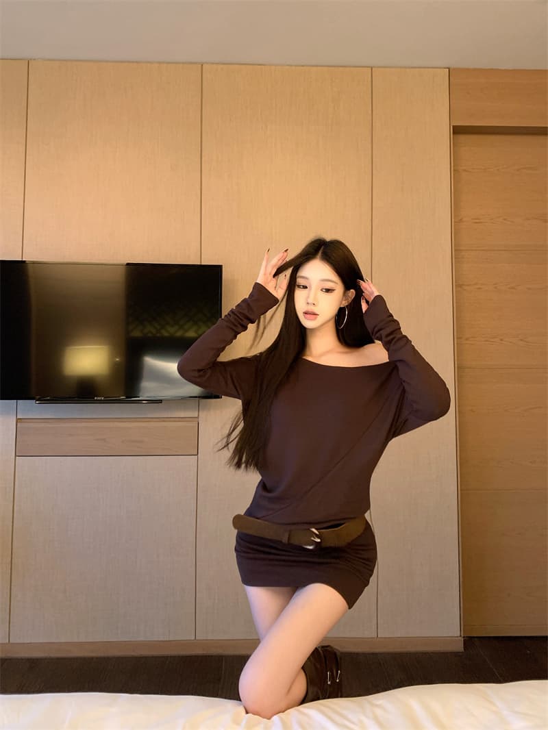 실사 정가 털이 있는 연삭 털 비스듬한 어깨 인사이드 가져 가라. 여성 순수한 욕망 슬림해 보이는 오프숄더 섹시함 타이트 스커트 드레스 상세 이미지 10