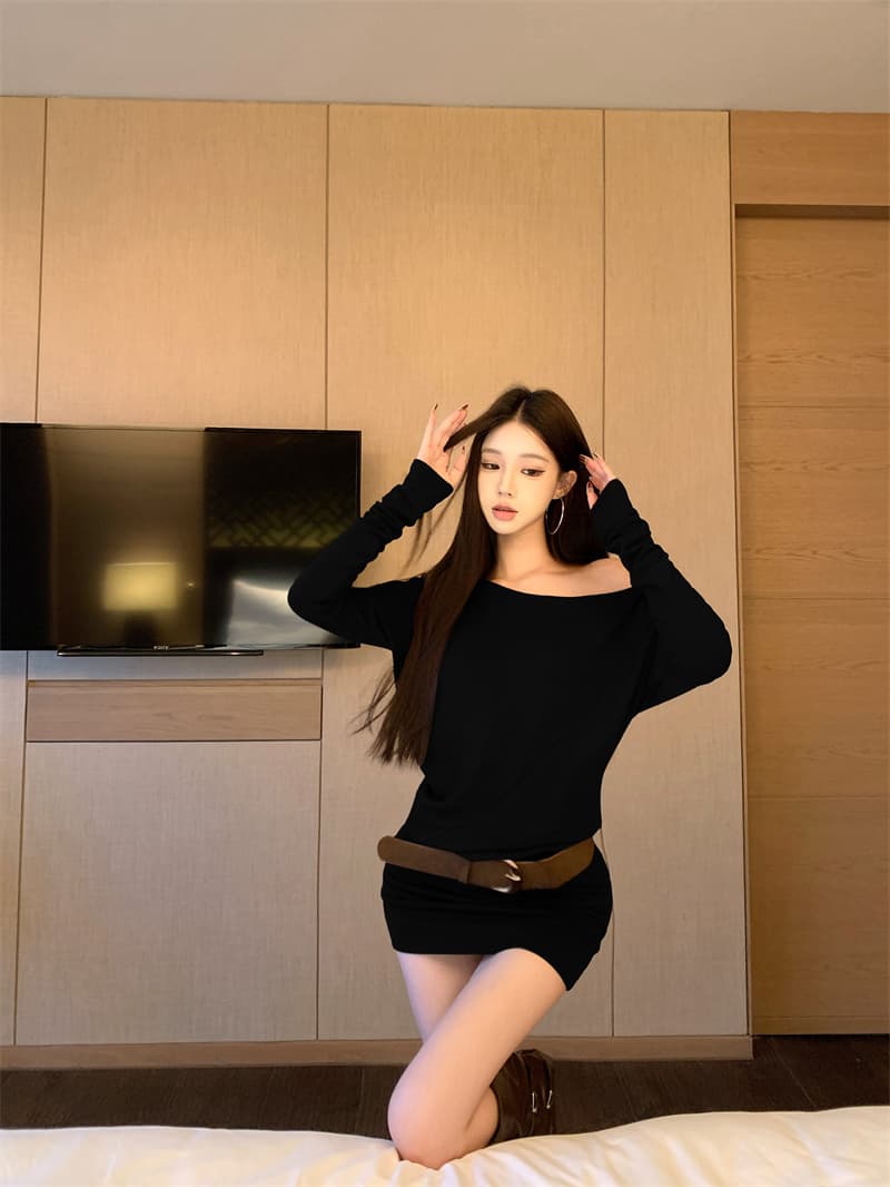 실사 정가 털이 있는 연삭 털 비스듬한 어깨 인사이드 가져 가라. 여성 순수한 욕망 슬림해 보이는 오프숄더 섹시함 타이트 스커트 드레스 상세 이미지 17
