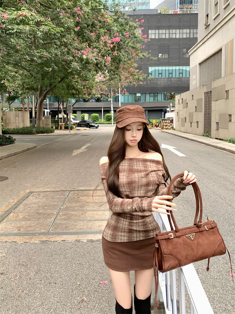 실사 정가 털이 있는 연삭 털 순수한 욕망 오프숄더 맨위 여성 가을 겨울 새로운 섹시함 타이트 스커트 미니 스커트 투피스 세트 상세 이미지 7