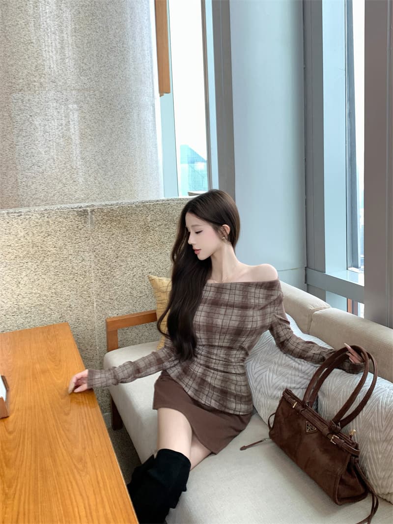 실사 정가 털이 있는 연삭 털 순수한 욕망 오프숄더 맨위 여성 가을 겨울 새로운 섹시함 타이트 스커트 미니 스커트 투피스 세트 상세 이미지 9