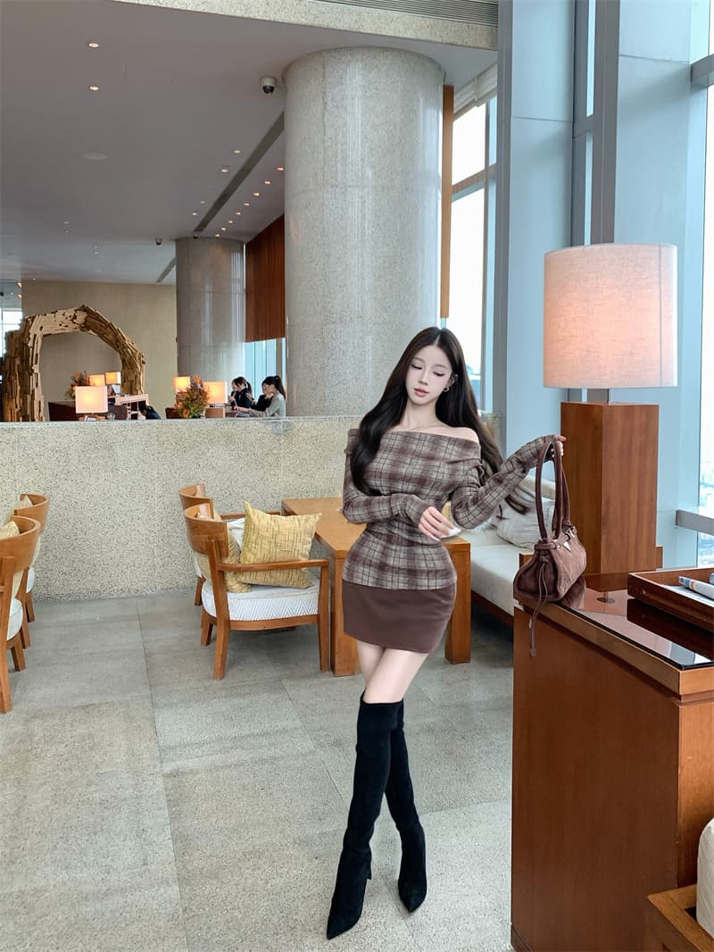 실사 정가 털이 있는 연삭 털 순수한 욕망 오프숄더 맨위 여성 가을 겨울 새로운 섹시함 타이트 스커트 미니 스커트 투피스 세트 상세 이미지 11