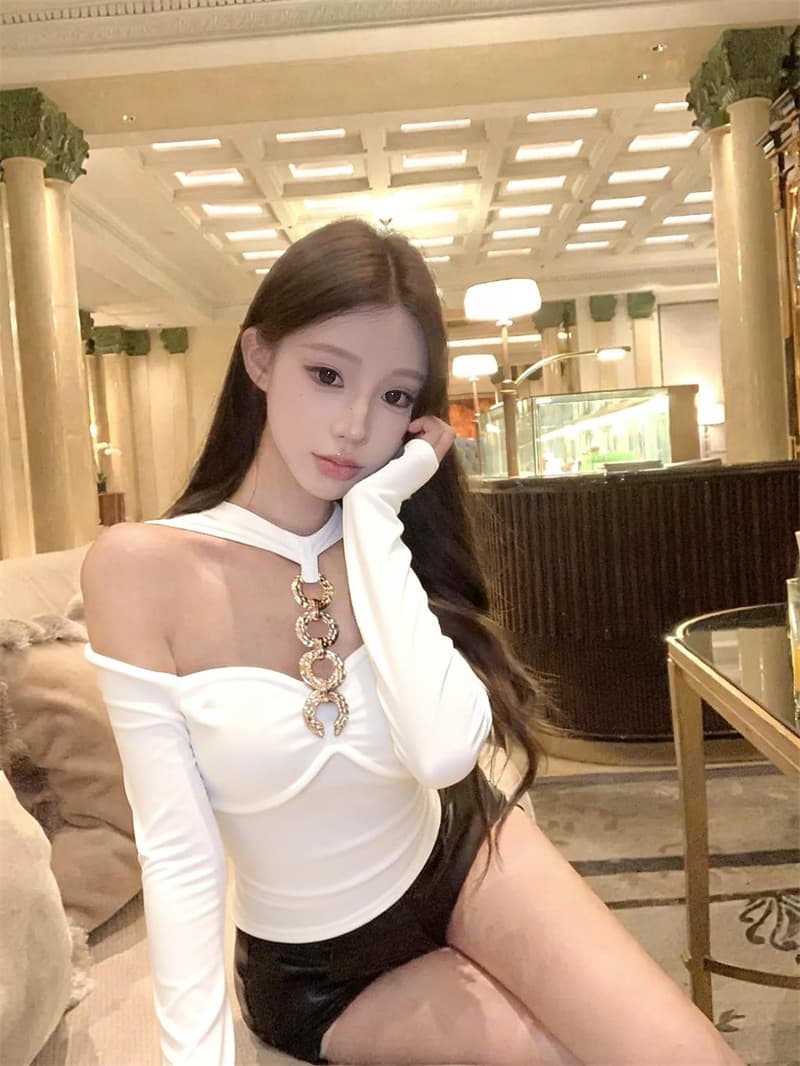 실사 정가 핫걸 원형 고리 행침 목 긴팔 인사이드 잡아라. 의류 다용도 디자인 센스 pu 가죽 반바지 상세 이미지 21