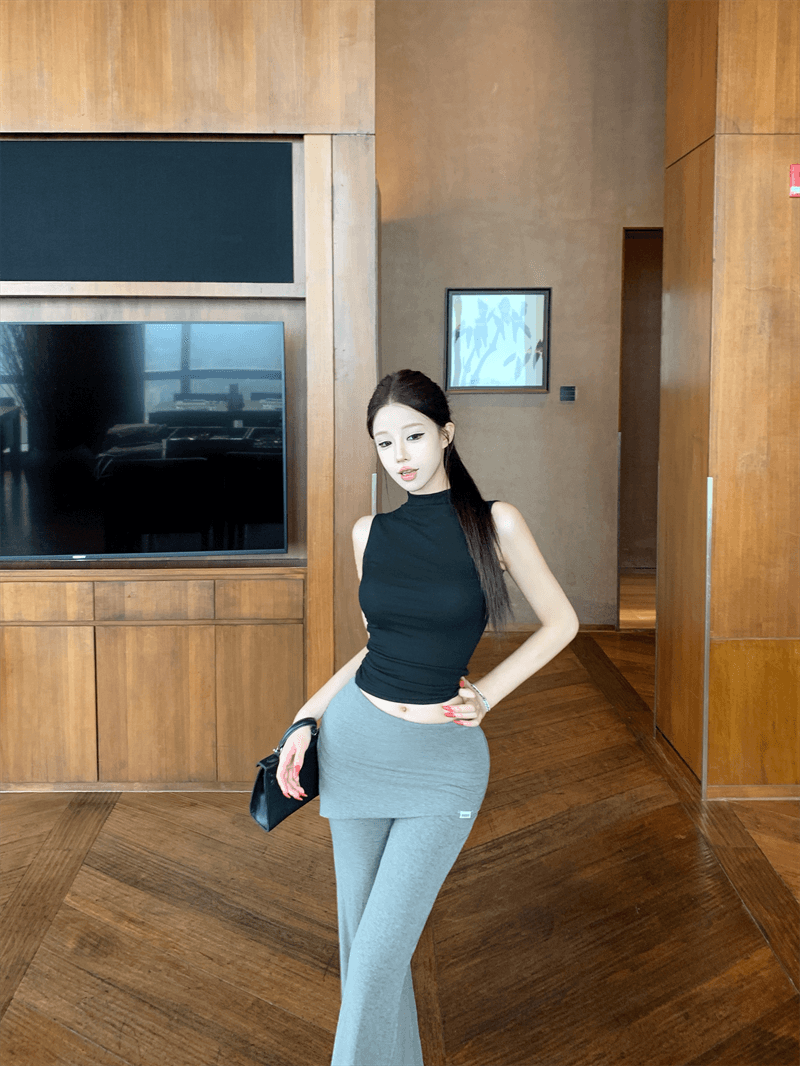 실사 정가 순수한 욕망 핫걸 반하이넥 민소매 캐미솔 여름 페이크 레이어드 랩스커트팬츠 하이웨이스트 부츠컷 바지 상세 이미지 7