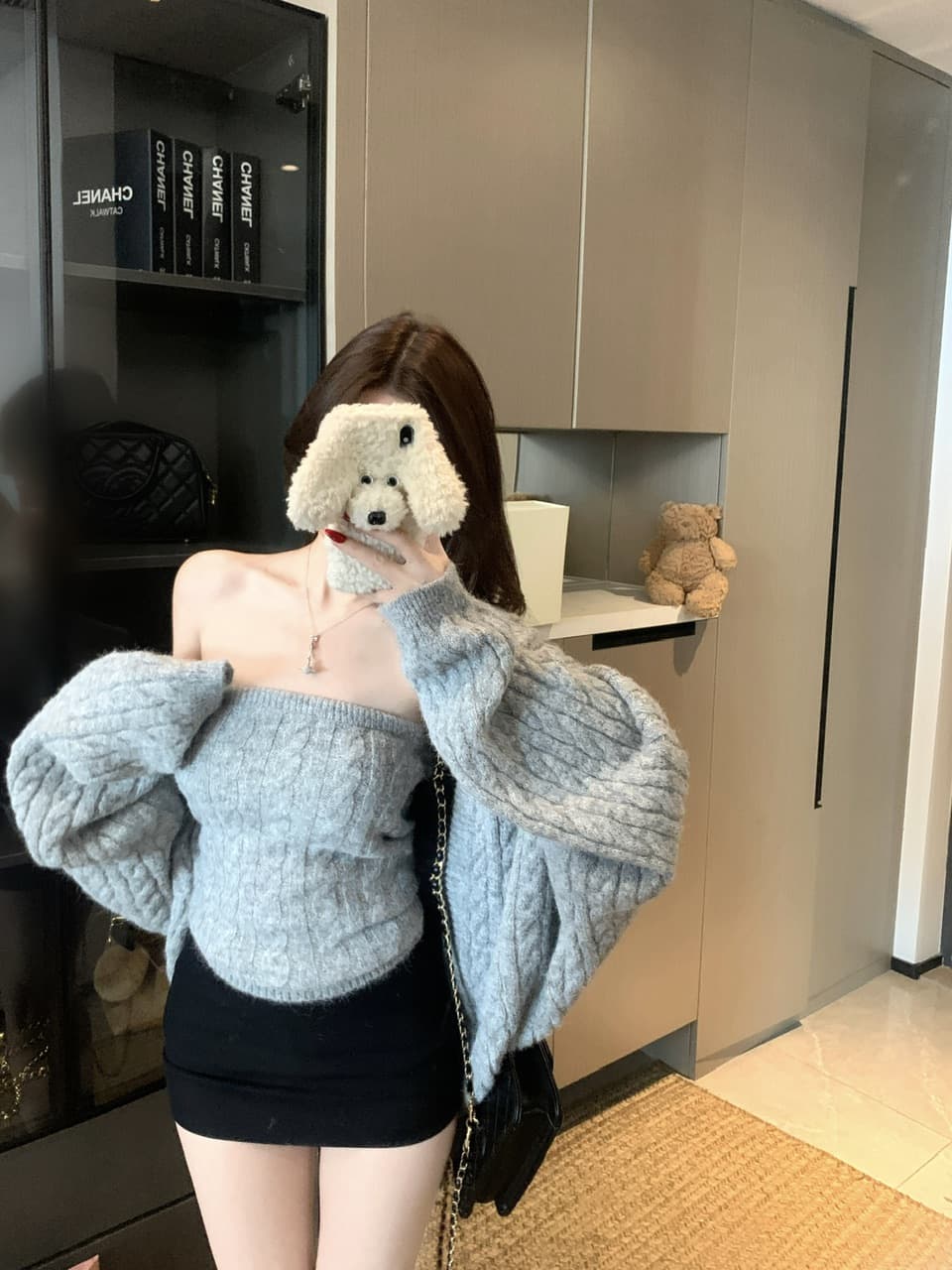 실사 정가 꽈배기 니트 튜브탑 루즈핏 느긋한 긴팔 오픈 가디건 스웨터 반신 치마 세트 상세 이미지 13