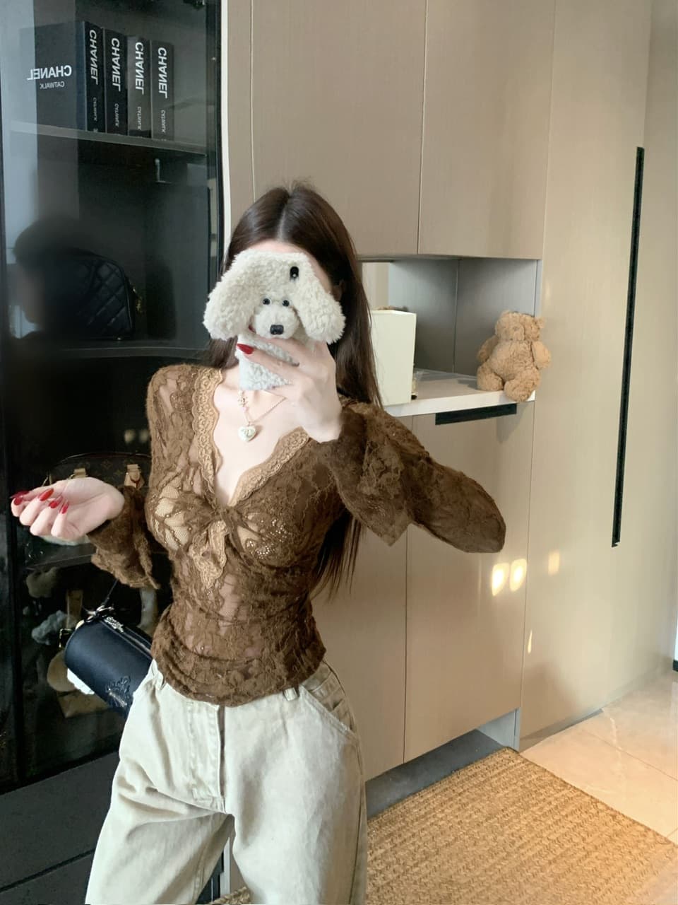 실사 정가 순수한 욕망 바람 섹시함 달콤한 매운맛 비틀림 레이스 조각 배색 몸매 가꾸기 디자인 센스 기본 셔츠 상세 이미지 8