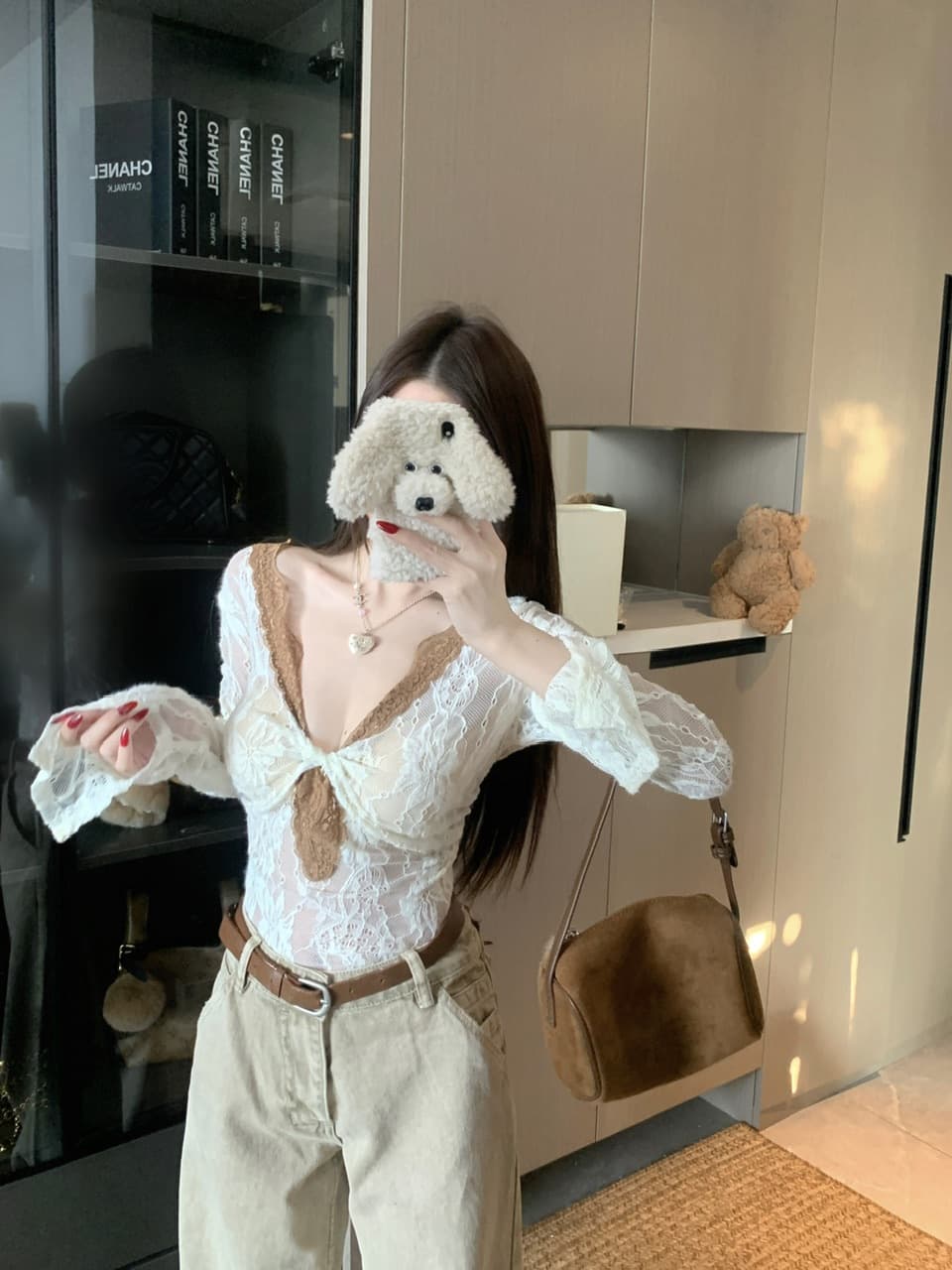 실사 정가 순수한 욕망 바람 섹시함 달콤한 매운맛 비틀림 레이스 조각 배색 몸매 가꾸기 디자인 센스 기본 셔츠 상세 이미지 17