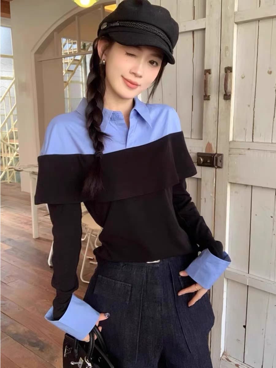 프랑스식 레트로 페이크 레이어드 배색 POLO 칼라 여성 셔츠 이른 봄 디자인 센스 볼륨 측면 커프스 몸매 가꾸기 슬림해 보이는 맨위