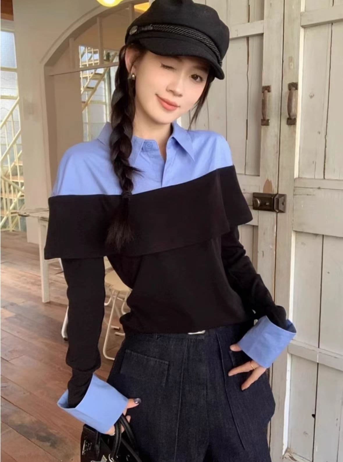 프랑스식 레트로 페이크 레이어드 배색 POLO 칼라 여성 셔츠 이른 봄 디자인 센스 볼륨 측면 커프스 몸매 가꾸기 슬림해 보이는 맨위 상세 이미지 1