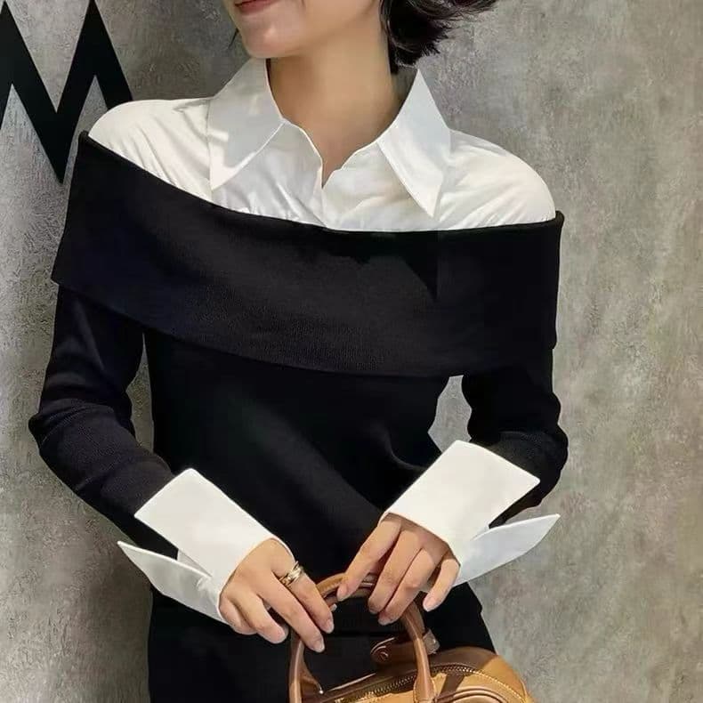 프랑스식 레트로 페이크 레이어드 배색 POLO 칼라 여성 셔츠 이른 봄 디자인 센스 볼륨 측면 커프스 몸매 가꾸기 슬림해 보이는 맨위 상세 이미지 3