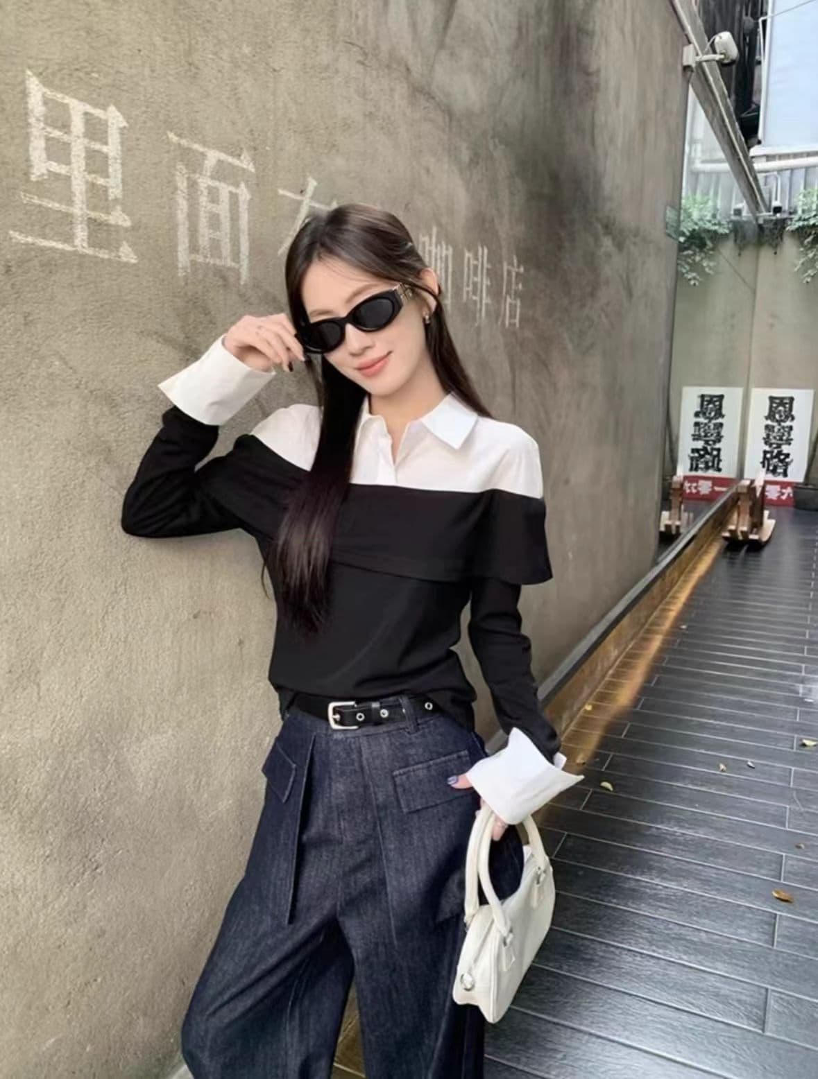 프랑스식 레트로 페이크 레이어드 배색 POLO 칼라 여성 셔츠 이른 봄 디자인 센스 볼륨 측면 커프스 몸매 가꾸기 슬림해 보이는 맨위 상세 이미지 4