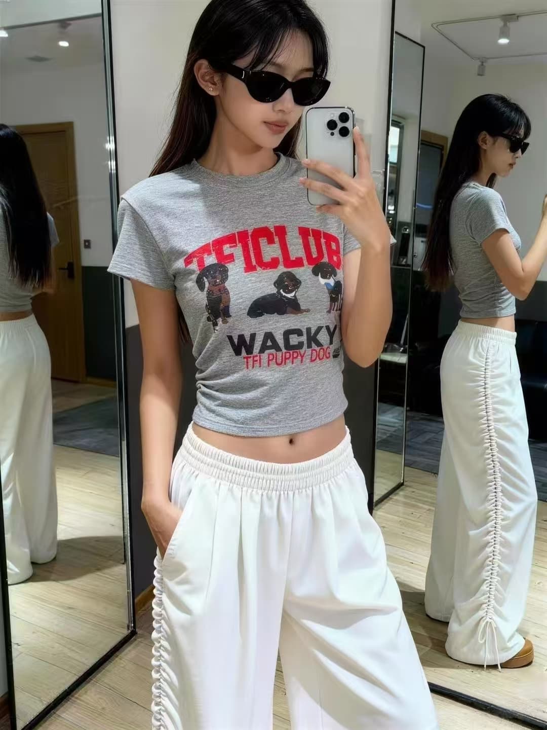차가운 핫걸 한 부서 ootd2026 봄 아모이 ins 조수 브랜드 개 허리 수축 쇼트 스타일 티셔츠 패션 작은 조각 슬림해 보이는 다크 상세 이미지 1