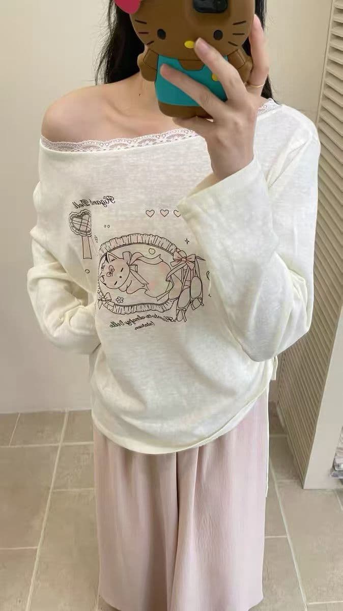 한 부서 달콤함 귀여운 발레 레이스 레이스 긴팔 티셔츠 맨위 고양이 비스듬한 어깨 t 다용도 나무 여성