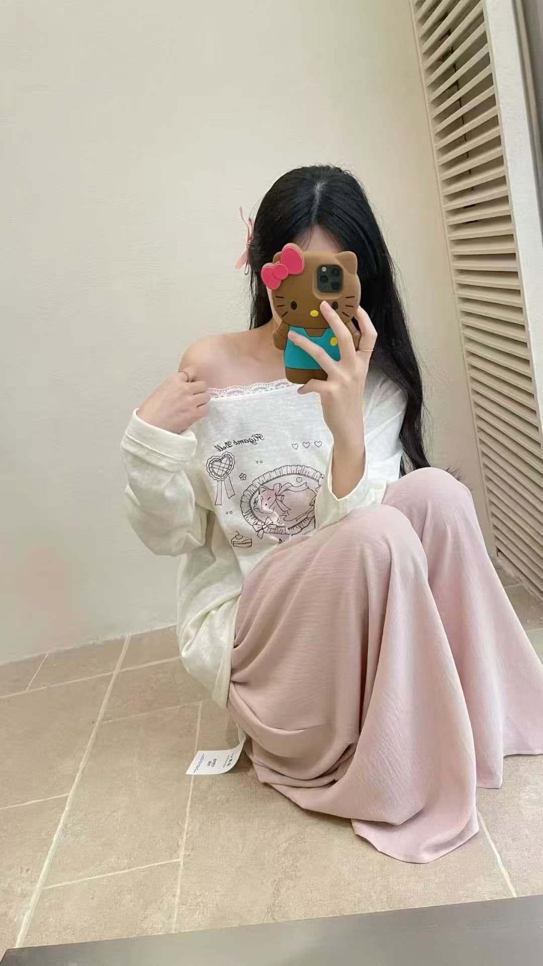 한 부서 달콤함 귀여운 발레 레이스 레이스 긴팔 티셔츠 맨위 고양이 비스듬한 어깨 t 다용도 나무 여성 상세 이미지 2