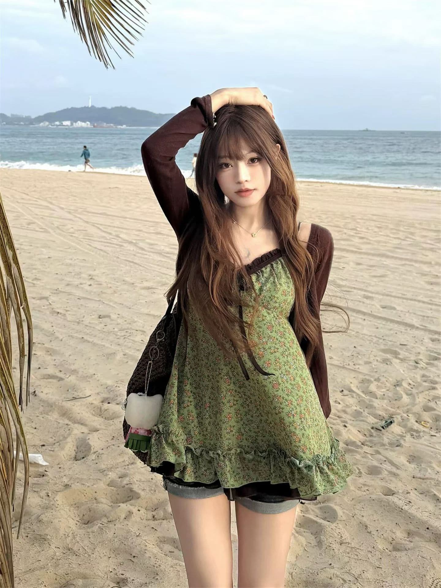 한 부서 패션 캐주얼 전원 바람 꽃무늬 패치워크 슬립 여성 의류 여름 스택 착용 자외선 차단 오픈 가디건 맨위 투피스 세트