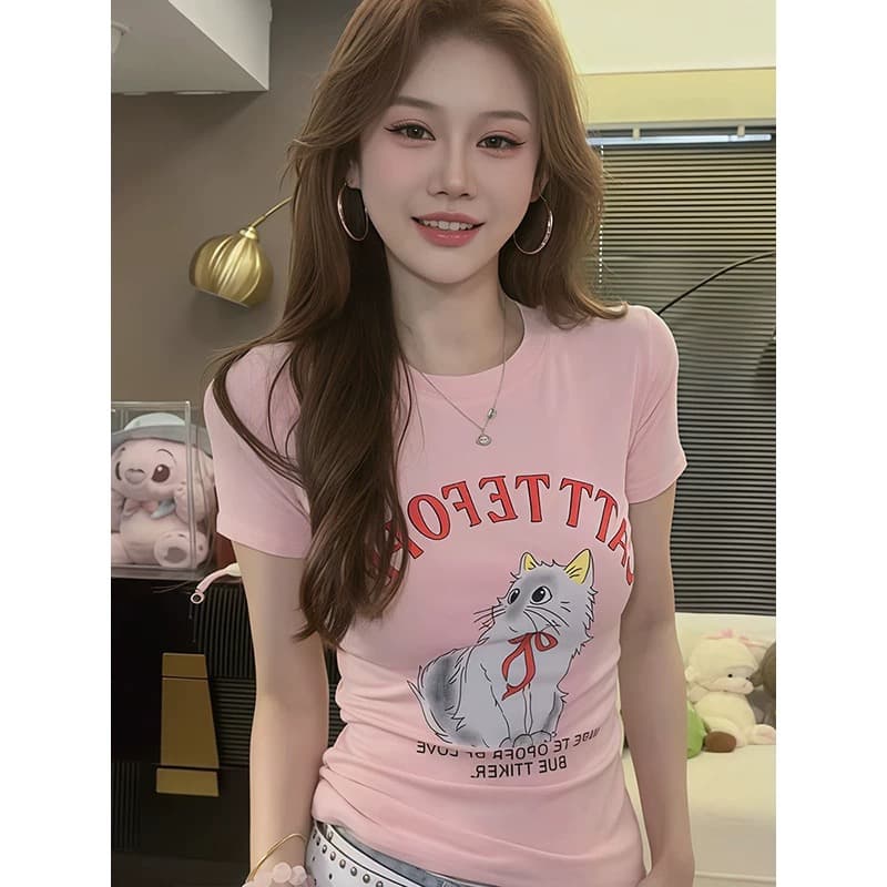 2026 여름 새로운 핫걸 연령 감소 새끼 고양이 프린트 반팔 라운드 넥 티셔츠 몸매 가꾸기 슬림해 보이는 인사이드 가져 가라. 여성 의류 맨위 상세 이미지 3