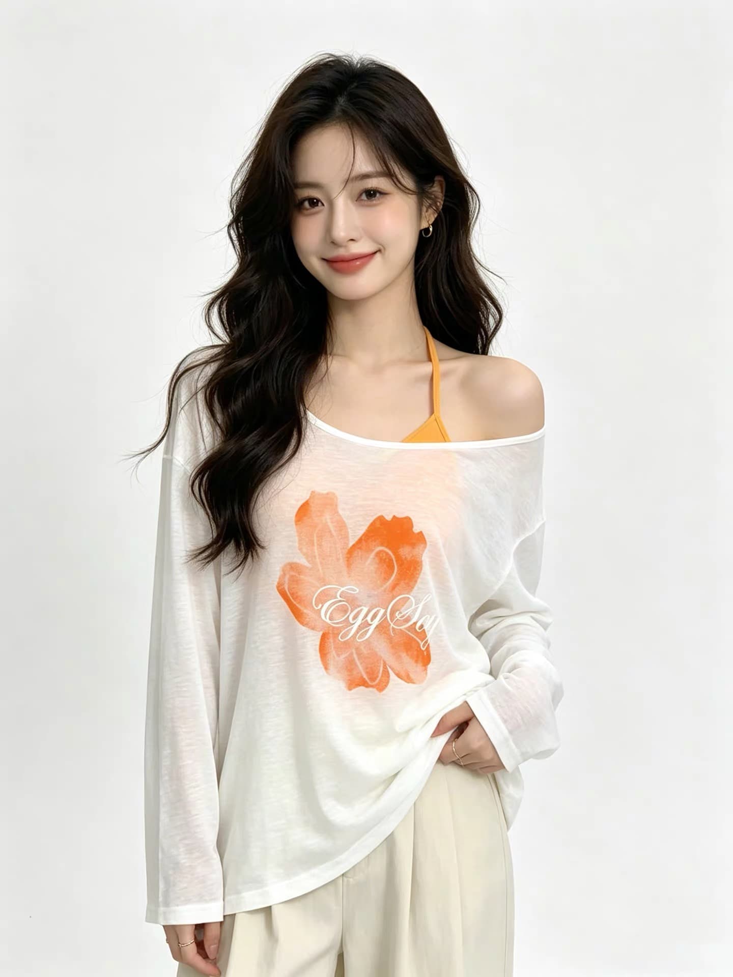 한 부서 느긋한 바람 꽃 프린트 비스듬한 어깨 긴팔 티셔츠 태양 보호 셔츠 인사이드 가져 가라. 행침 목 슬립 튜브탑 두 조각 여성 세트 상세 이미지 2