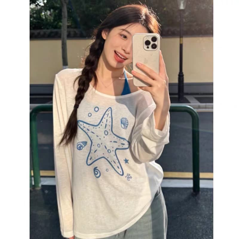 한 부서 느긋한 바람 불가사리 프린트 비스듬한 어깨 긴팔 티셔츠 태양 보호 셔츠 인사이드 가져 가라. 행침 목 슬립 튜브탑 두 조각 여성 세트 상세 이미지 1