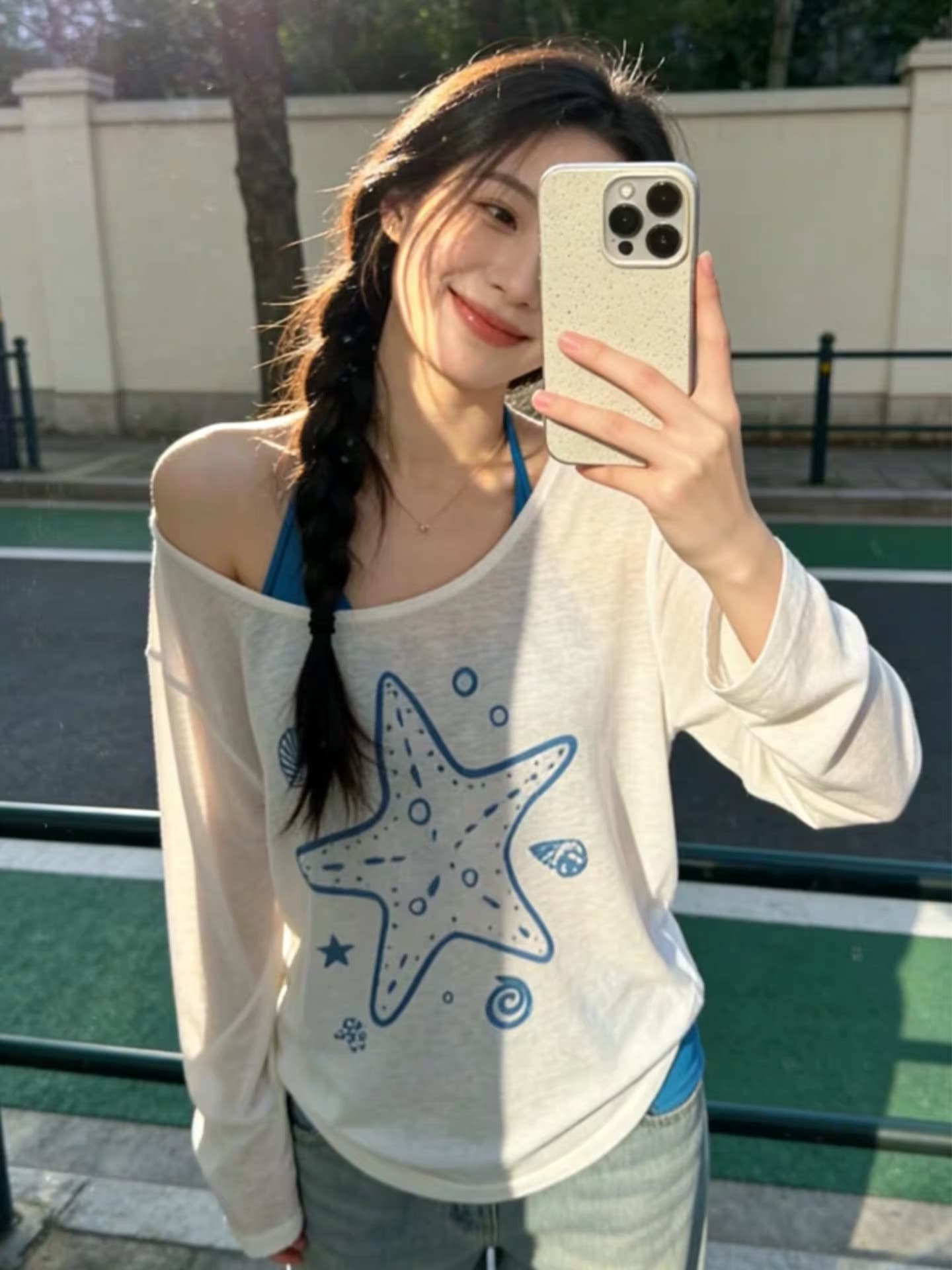 한 부서 느긋한 바람 불가사리 프린트 비스듬한 어깨 긴팔 티셔츠 태양 보호 셔츠 인사이드 가져 가라. 행침 목 슬립 튜브탑 두 조각 여성 세트 상세 이미지 2