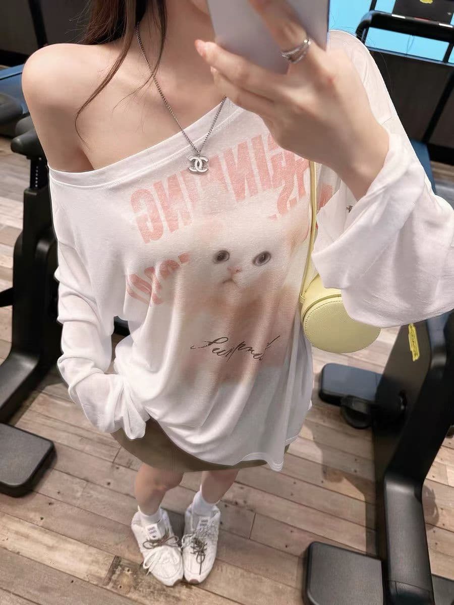 열세 개 여름 새로운 다용도 캐주얼 프린트 만화 고양이 비스듬한 어깨 얇은 스타일 티셔츠 자외선 차단 맨위 루즈핏 섹션 이미지 4