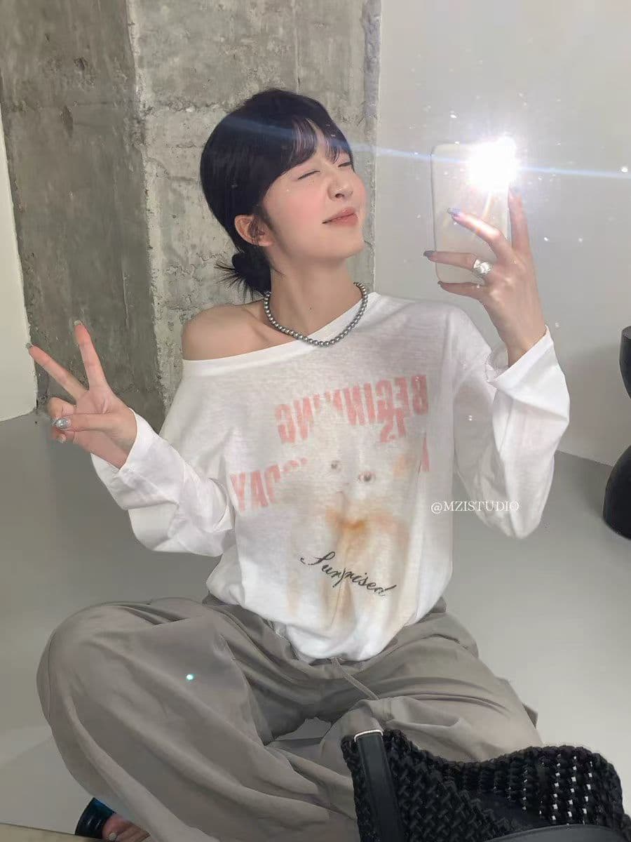 열세 개 여름 새로운 다용도 캐주얼 프린트 만화 고양이 비스듬한 어깨 얇은 스타일 티셔츠 자외선 차단 맨위 루즈핏 섹션 상세 이미지 1