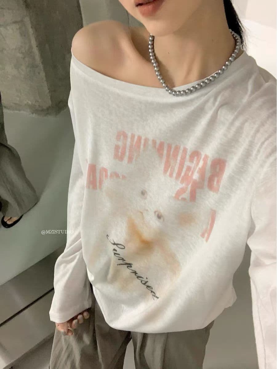 열세 개 여름 새로운 다용도 캐주얼 프린트 만화 고양이 비스듬한 어깨 얇은 스타일 티셔츠 자외선 차단 맨위 루즈핏 섹션 상세 이미지 4